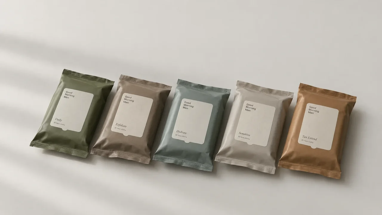 The five refill packs in a row: Daily, Exfoliate, Hydrate, Sensitive and Tan Extend