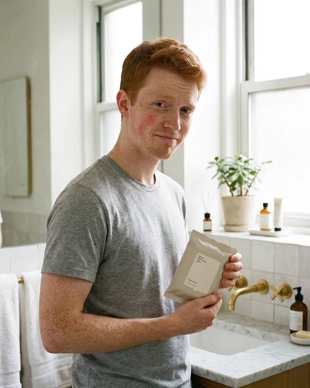 The Ginger, holding a Sensitive pack